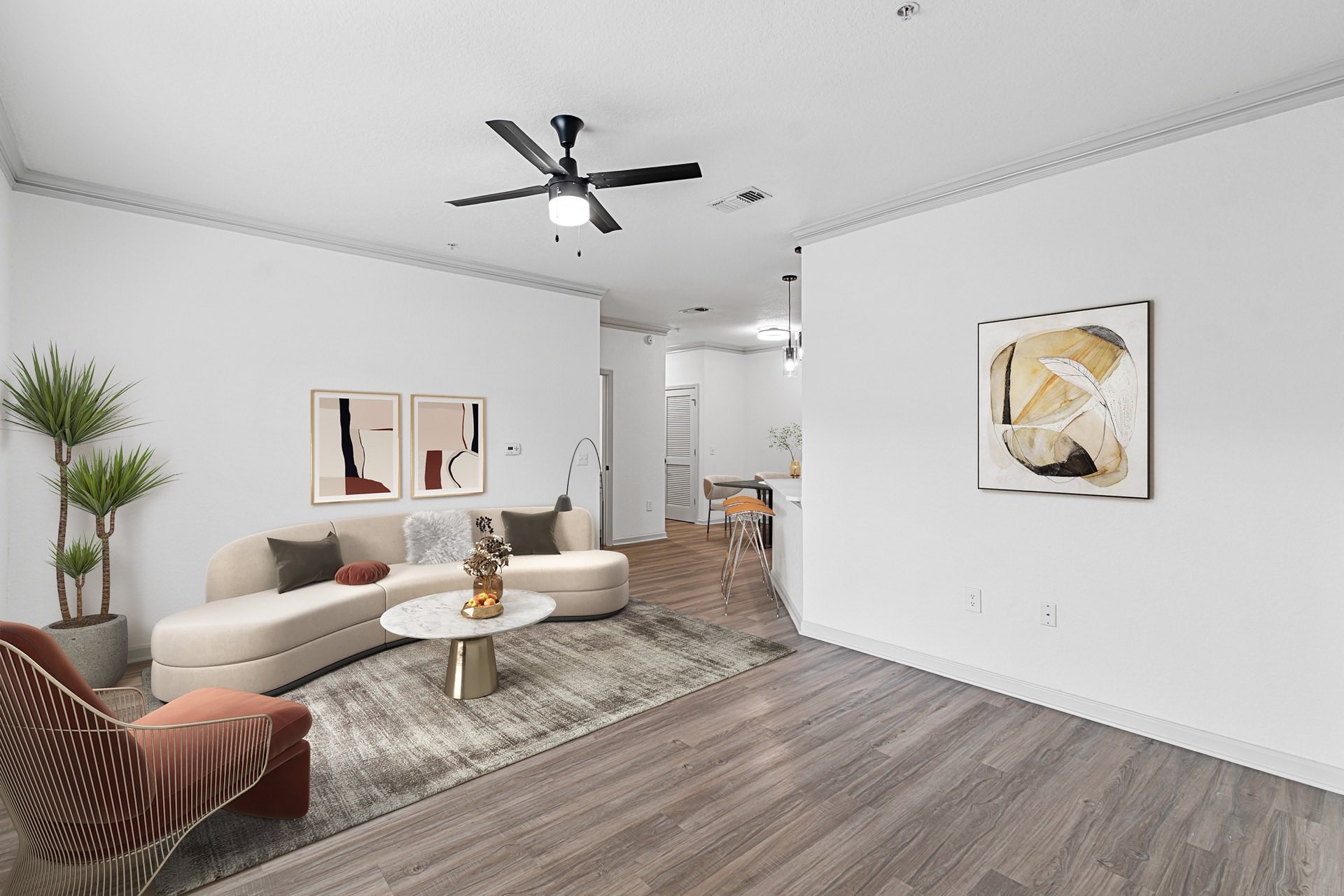 Living room with vinyl, wood style flooring
